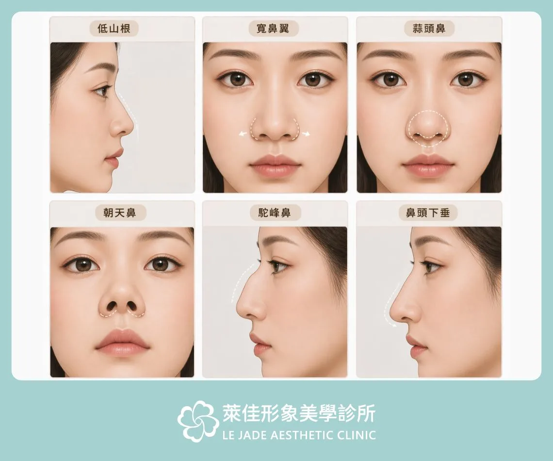 常見鼻型介紹：低山根、寬鼻翼、蒜頭鼻、朝天鼻、駝峰鼻、鼻頭下垂