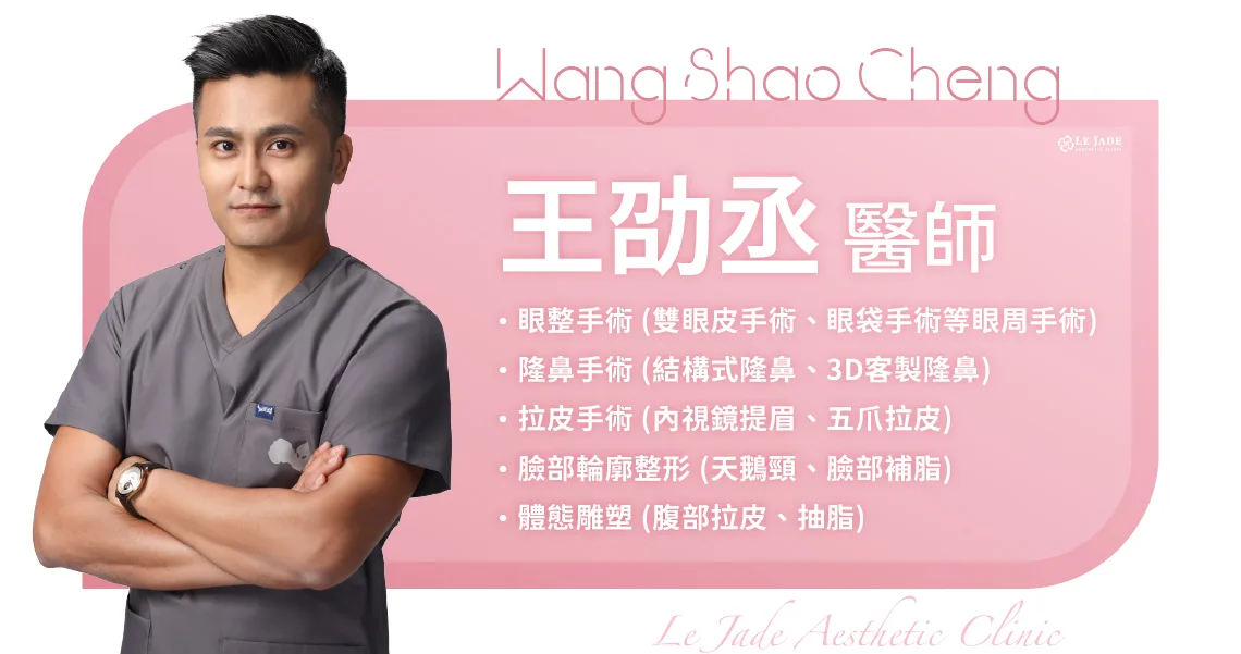 萊佳美學王劭丞醫師，專長眼整手術 (雙眼皮手術、眼袋手術等眼周手術)、隆鼻手術 (結構式隆鼻、3D客製隆鼻)、拉皮手術 (內視鏡提眉、五爪拉皮)、臉部輪廓整形 (天鵝頸、臉部補脂)、體態雕塑 (腹部拉皮、抽脂)
